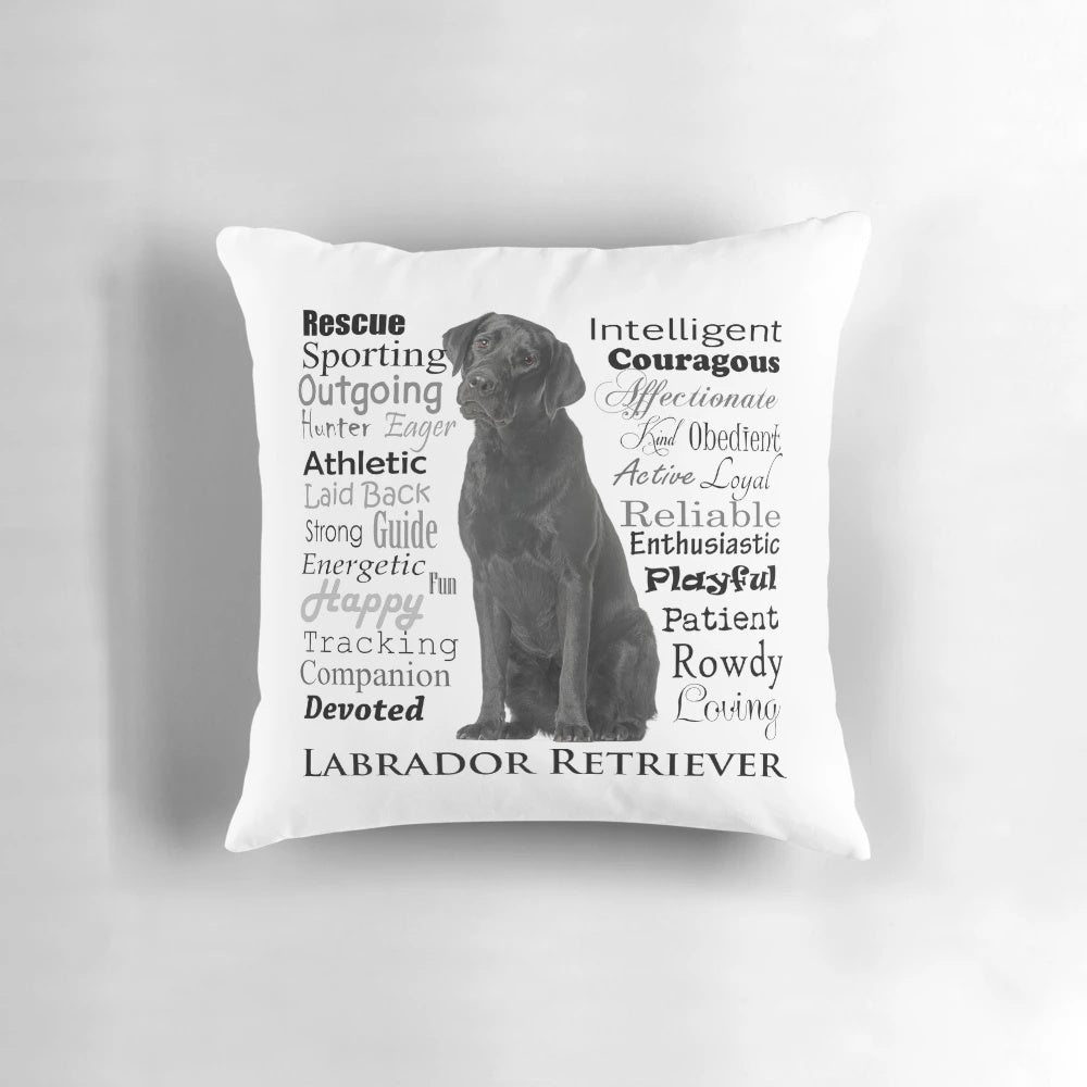Decorative throw pillow featuring a cozy design with the words "Black Lab Traits"