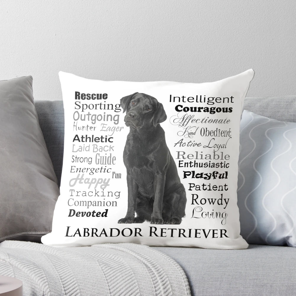 Decorative throw pillow featuring a cozy design with the words "Black Lab Traits"