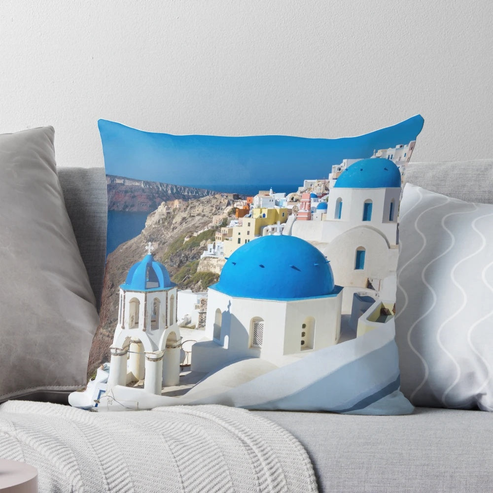 Pillow featuring a scenic view of the picturesque Santorini Island in Greece