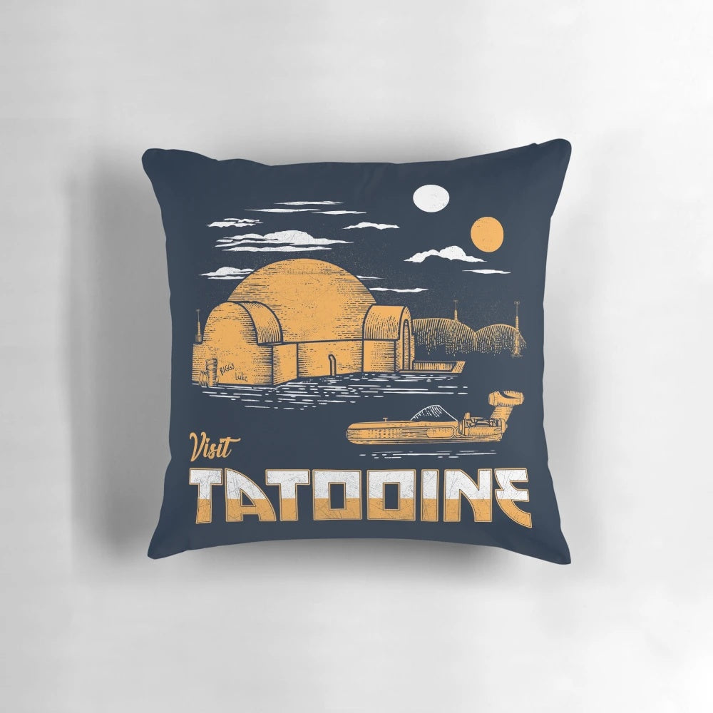 Tatooine-themed throw pillow featuring iconic Star Wars desert landscape