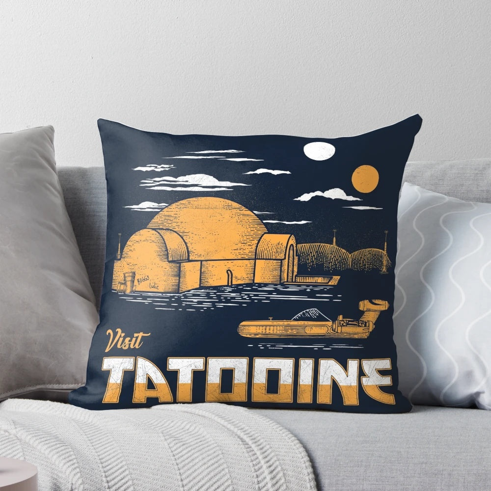 Tatooine-themed throw pillow featuring iconic Star Wars desert landscape