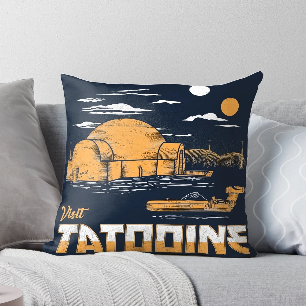 A soft, plush pillow featuring the desert planet Tatooine from the Star Wars universe.