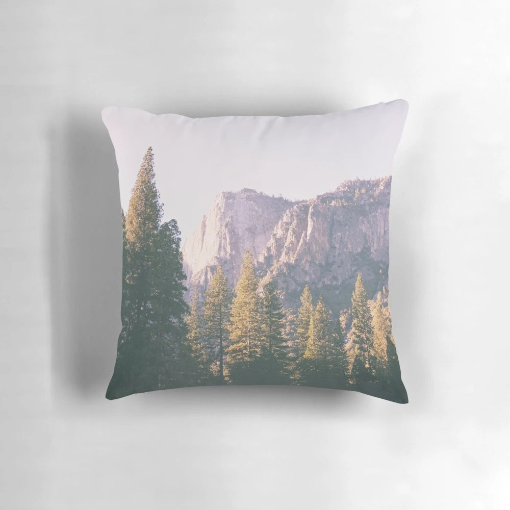 Yosemite Pillow featuring a scenic landscape of the Sierra Nevada mountains and Yosemite National Park in California