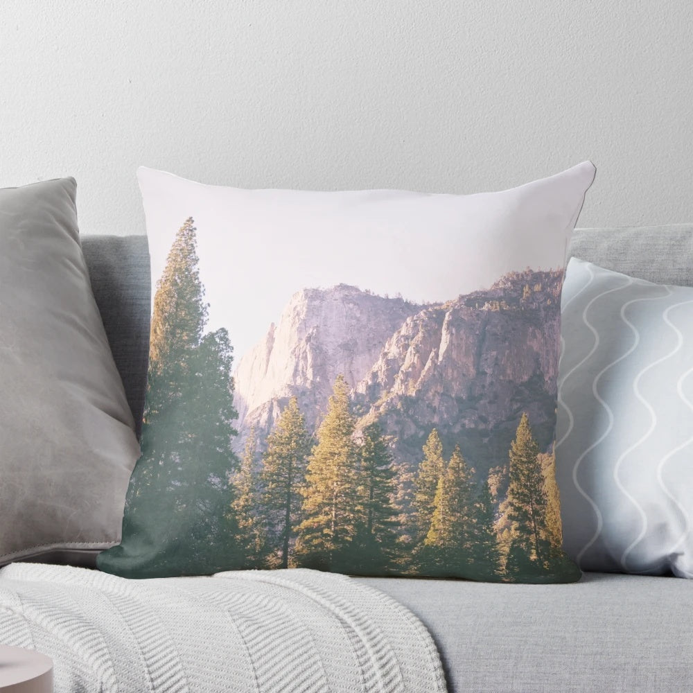 Yosemite Pillow featuring a scenic landscape of the Sierra Nevada mountains and Yosemite National Park in California