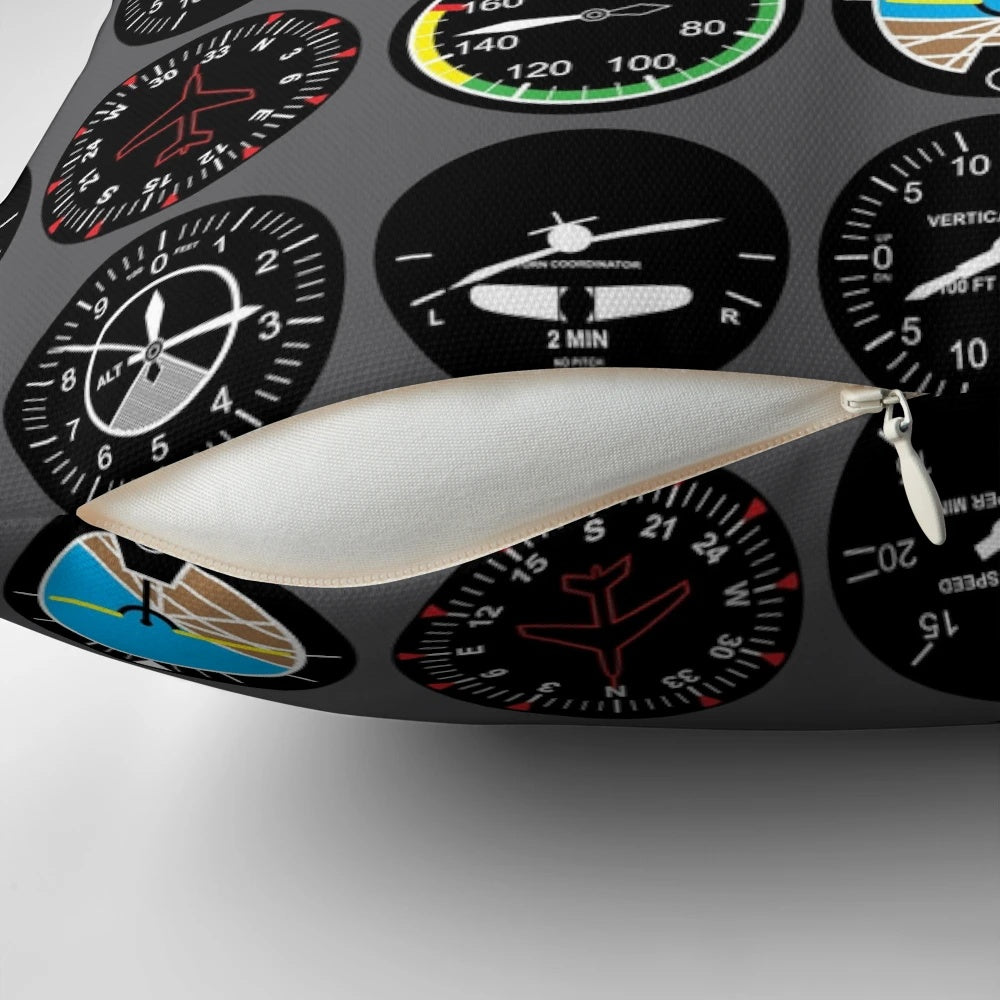 Flight instruments inspired decorative pillow for aviation and airplane enthusiasts