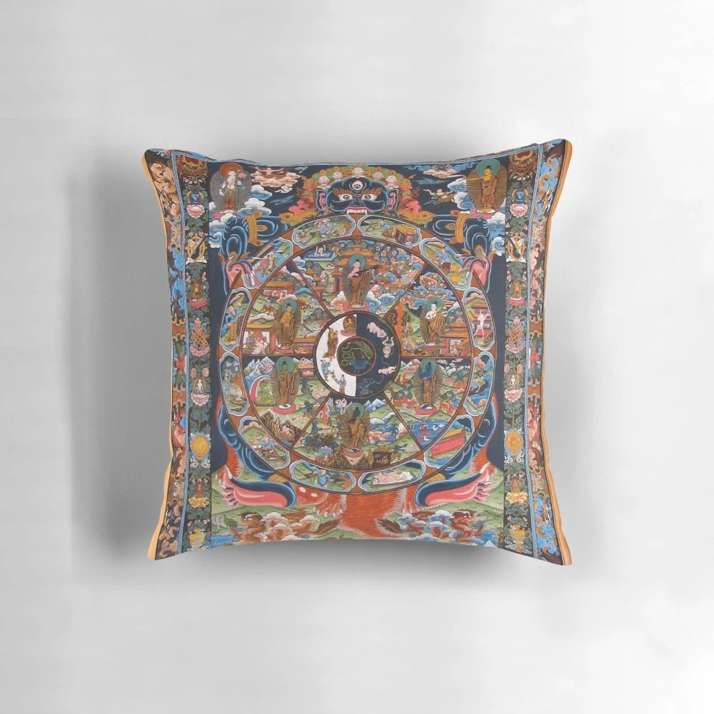 Tibetan Buddhist Wheel of Life Pillow featuring sacred spiritual artwork