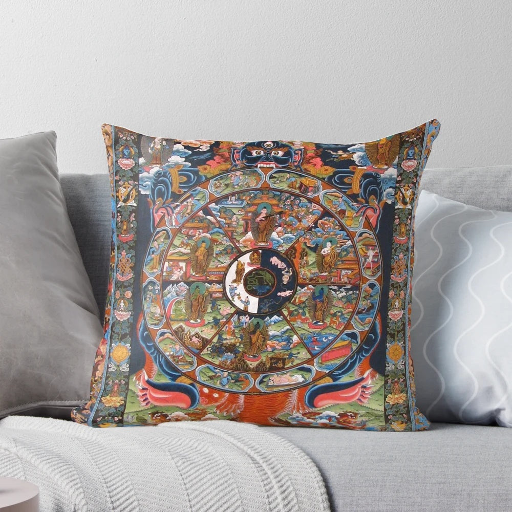 Tibetan Buddhist Wheel of Life Pillow featuring sacred spiritual artwork