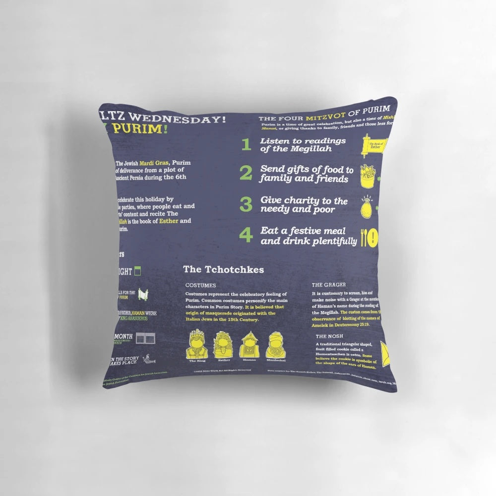 Purim infographic pillow showcasing the key elements of the Jewish holiday