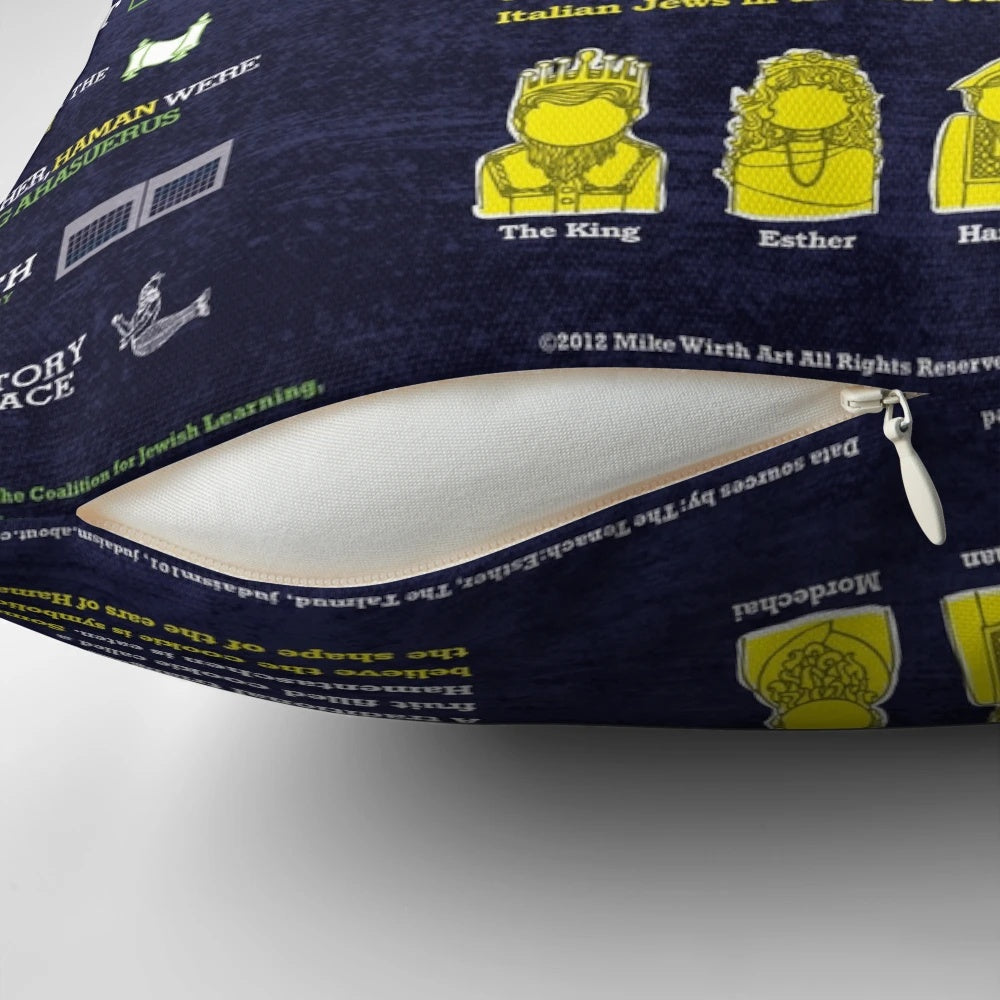 Purim infographic pillow showcasing the key elements of the Jewish holiday
