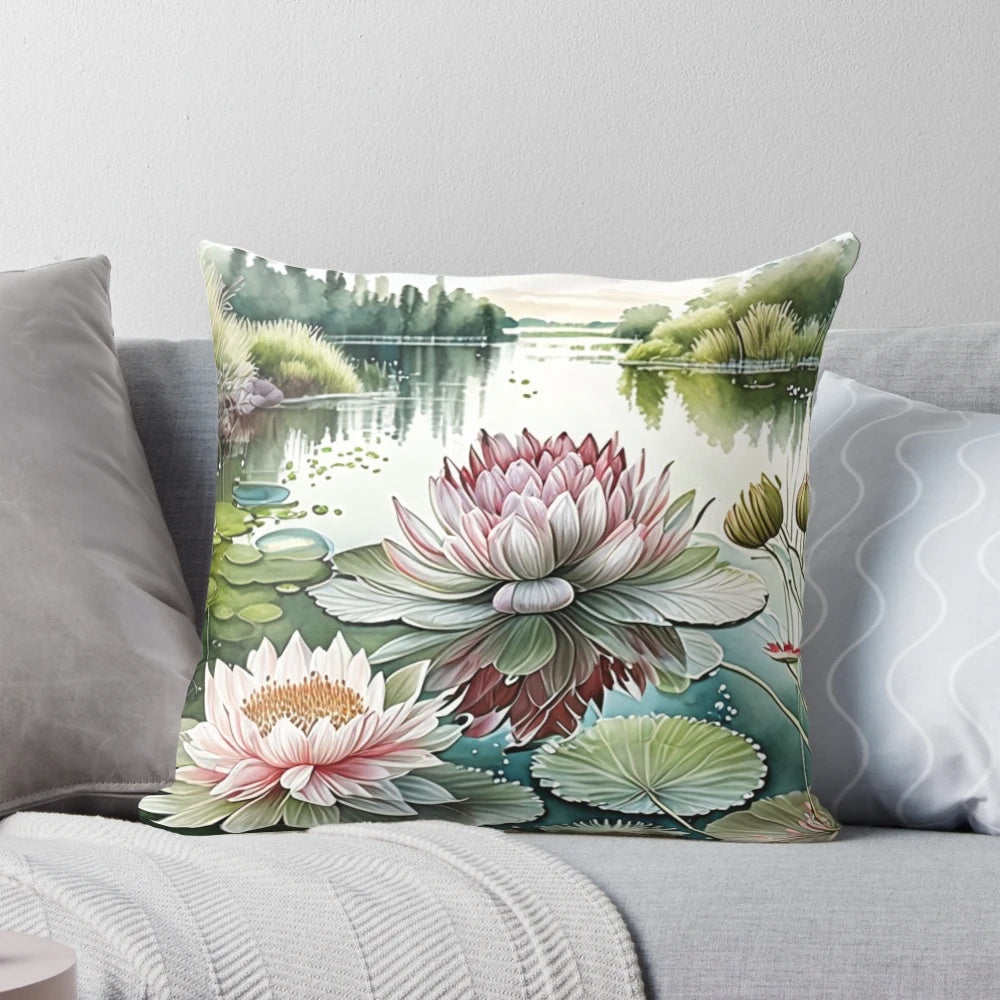 Serene view of Lotus Lake with lush greenery and vibrant lotus flowers