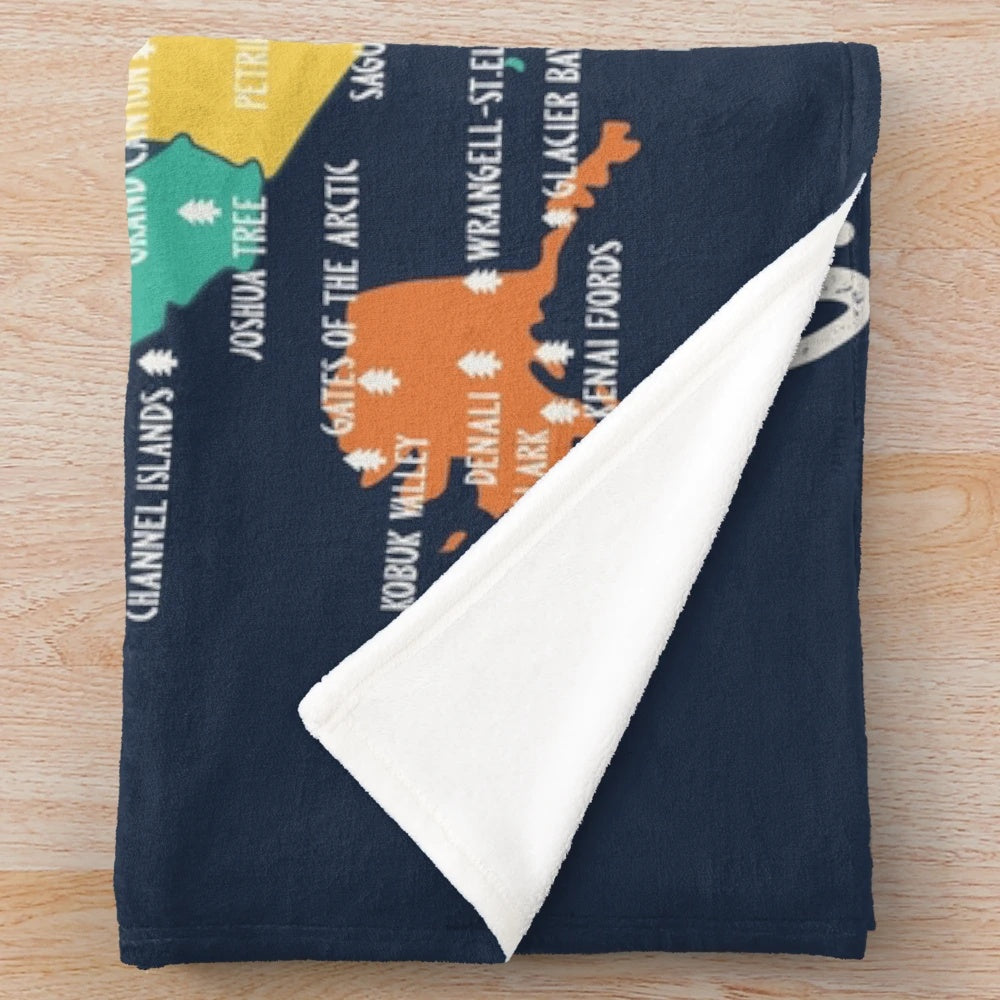 Plush blanket featuring a map of the U.S. national parks for outdoor adventure