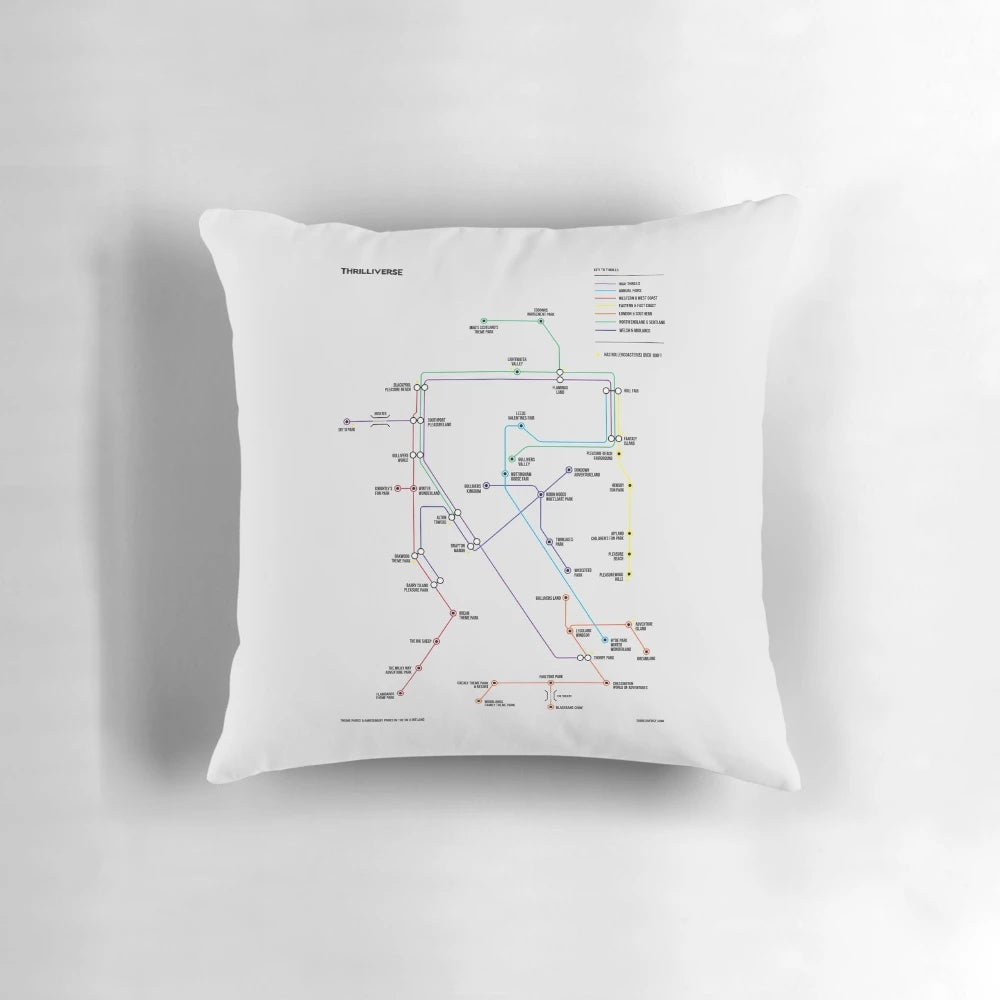 UK Theme Parks Map Pillow, featuring the top amusement parks and roller coasters across the United Kingdom.