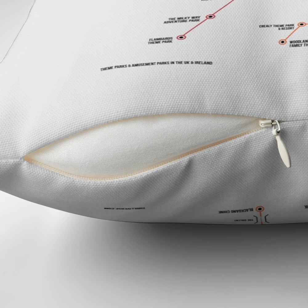 UK Theme Parks Map Pillow, featuring the top amusement parks and roller coasters across the United Kingdom.