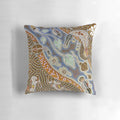 Colorful and intricate aboriginal art design featuring turtles, goannas, and other iconic Australian animals on a premium throw pillow.