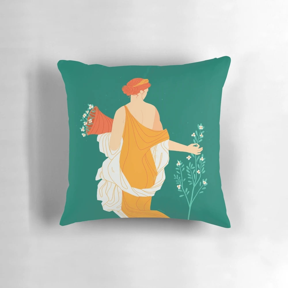 Decorative Pillow Featuring Floral Motifs and Roman Mythological Imagery