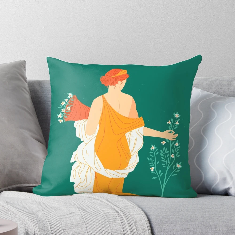 Decorative Pillow Featuring Floral Motifs and Roman Mythological Imagery