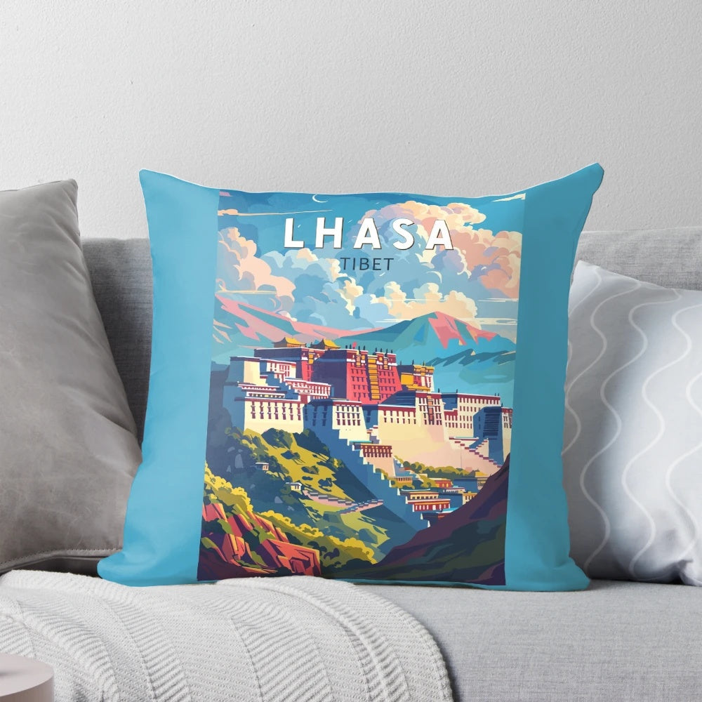 Vintage landscape pillow featuring the iconic Lhasa, Tibet and its Himalayan backdrop