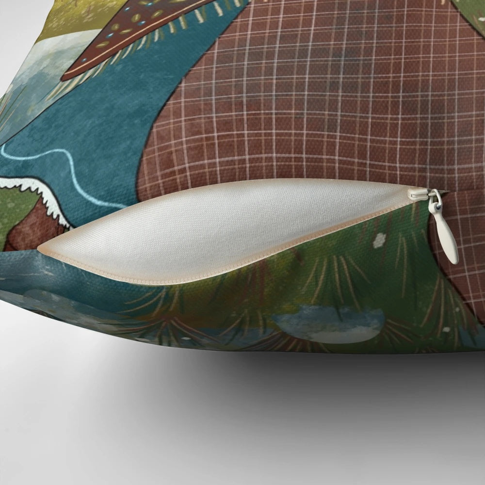 A cozy pillow featuring a whimsical illustration of a Welsh lady exploring the lush, mountainous landscape.