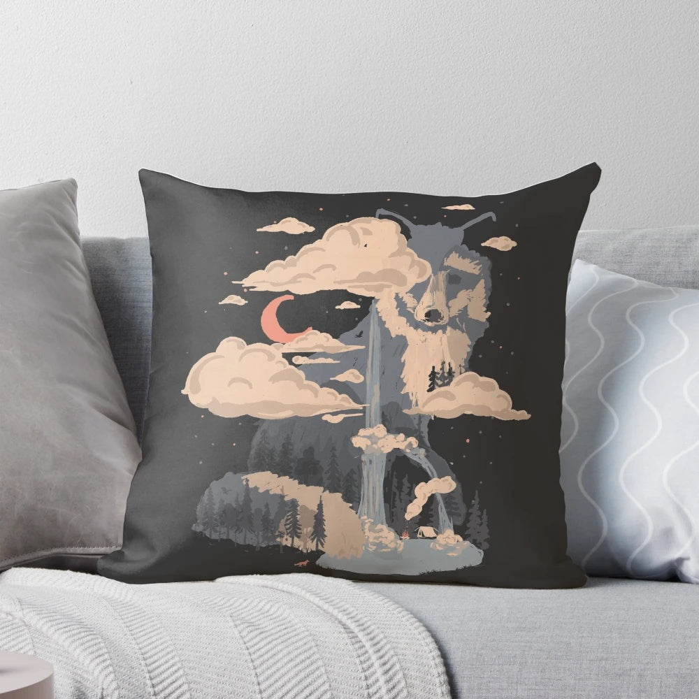 Pillow featuring a scenic nature landscape with a waterfall, pond, and mountains in the background