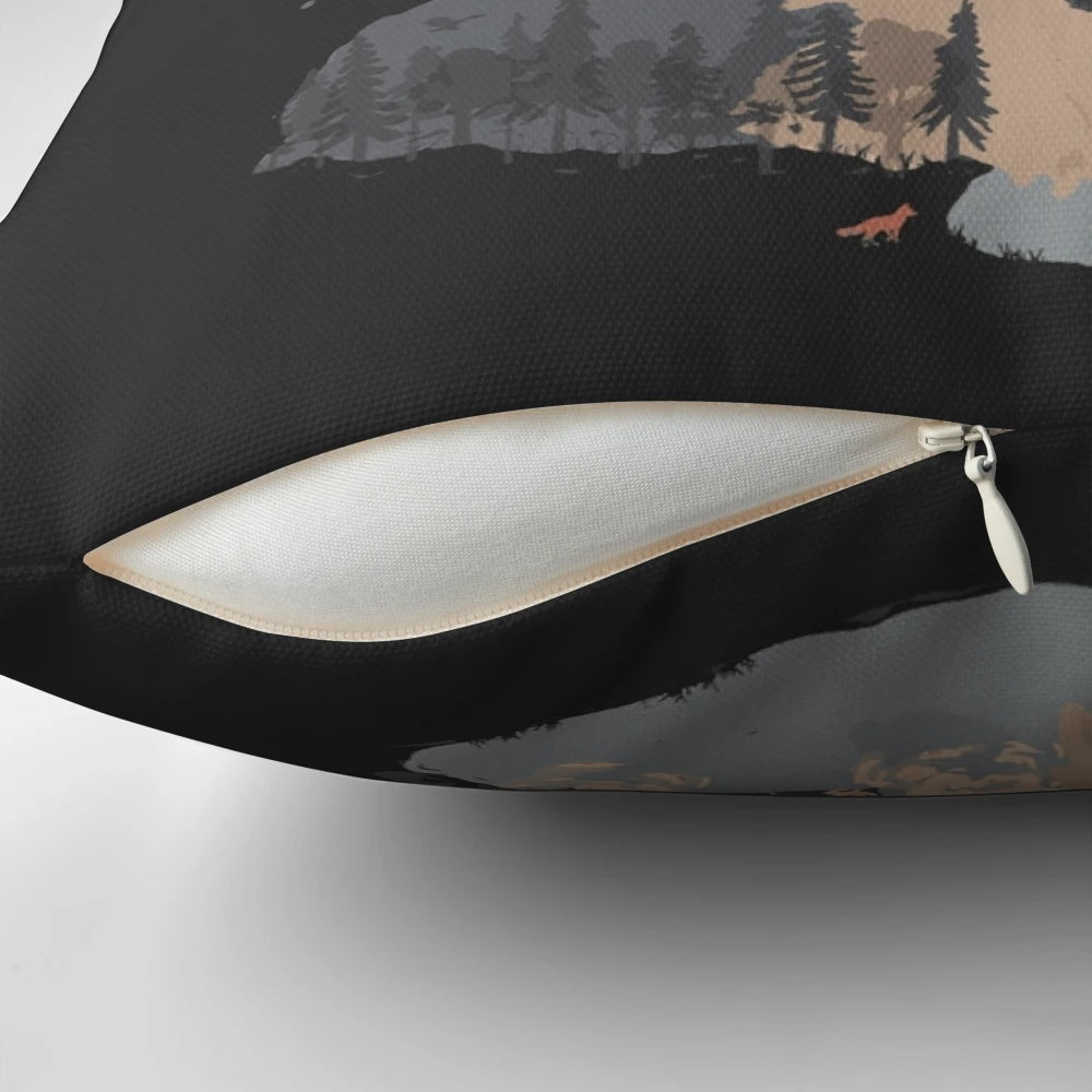 Pillow featuring a scenic nature landscape with a waterfall, pond, and mountains in the background