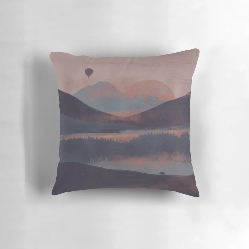 Mountain landscape pillow with fog and clouds, perfect for outdoor adventurers