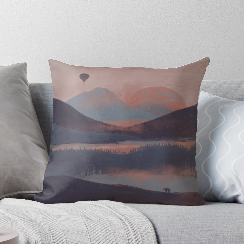 Mountain landscape pillow with fog and clouds, perfect for outdoor adventurers