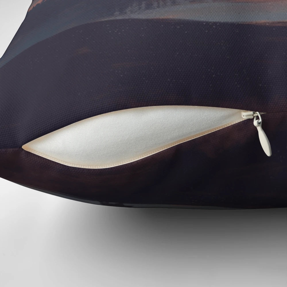 Mountain landscape pillow with fog and clouds, perfect for outdoor adventurers