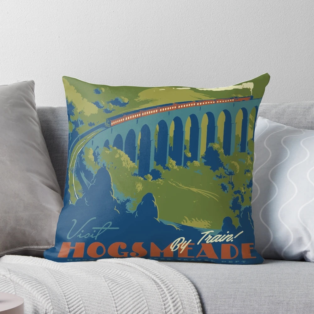 Plush "Visit Hogsmeade" pillow with vintage, magical imagery from the Wizarding World