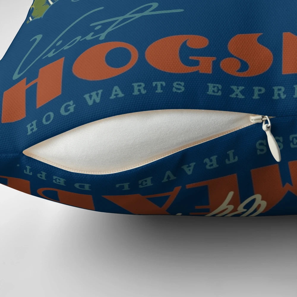Plush "Visit Hogsmeade" pillow with vintage, magical imagery from the Wizarding World