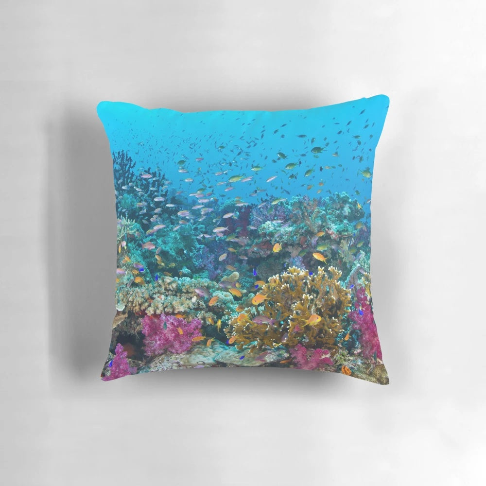Fantasea Reef Pillow featuring vibrant coral and tropical marine life