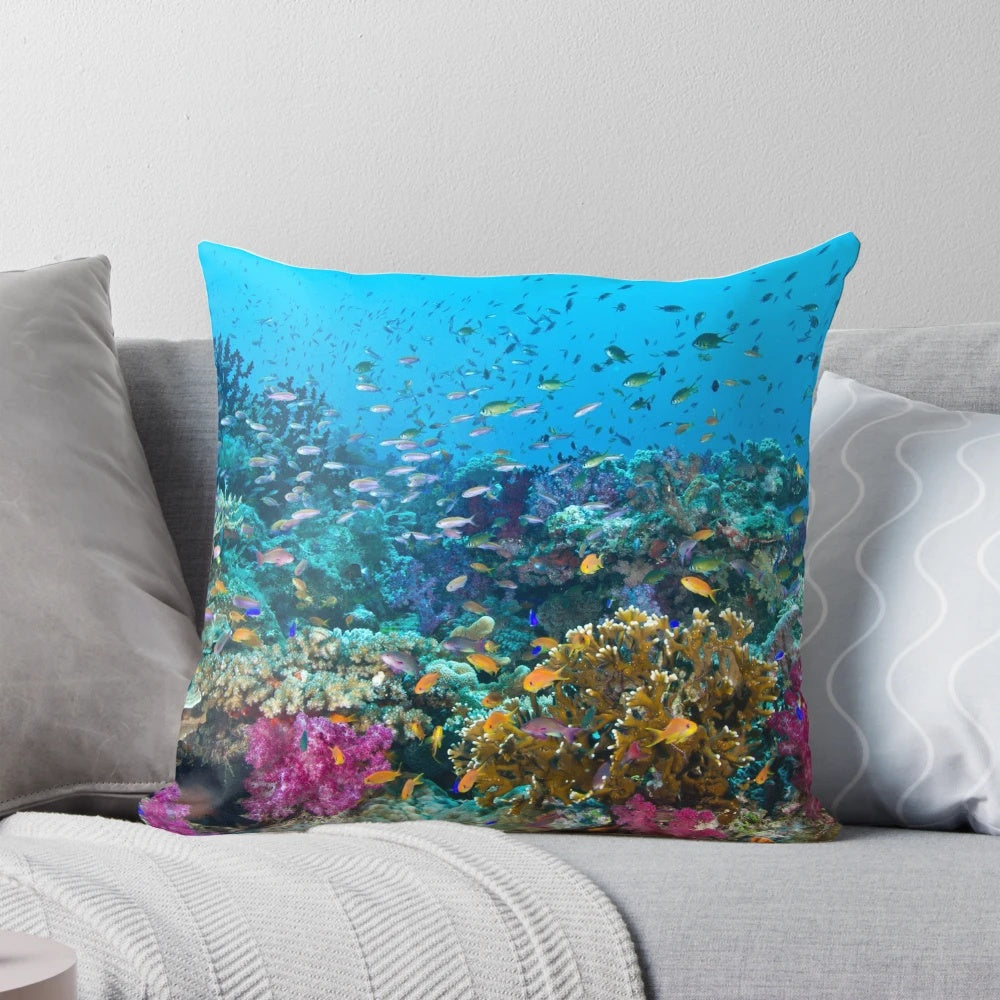Fantasea Reef Pillow featuring vibrant coral and tropical marine life