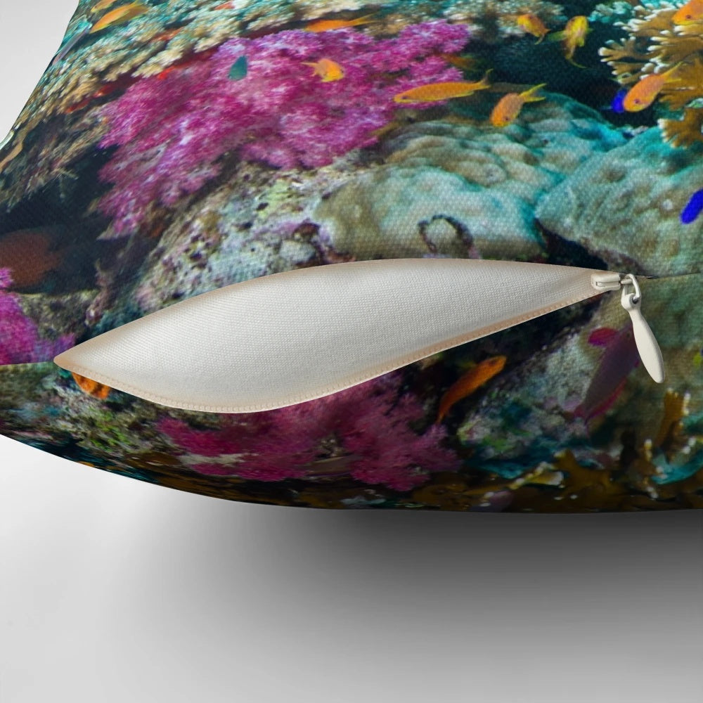 Fantasea Reef Pillow featuring vibrant coral and tropical marine life