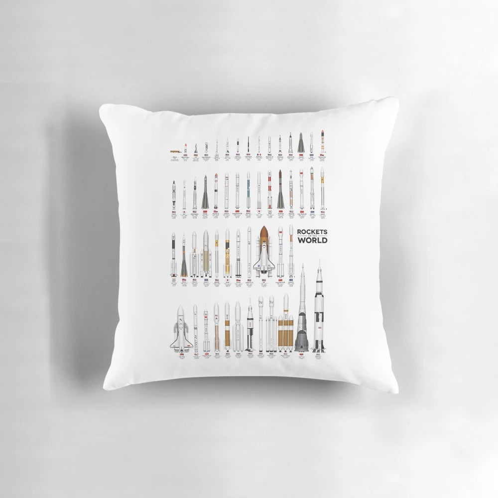 Pillow with a design featuring various rockets from around the world, including SpaceX and NASA rockets, for space exploration enthusiasts.