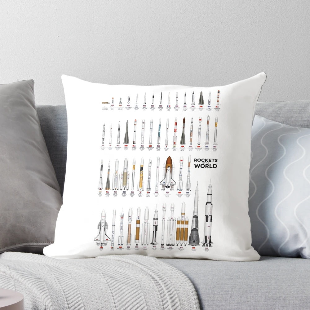 Pillow with a design featuring various rockets from around the world, including SpaceX and NASA rockets, for space exploration enthusiasts.
