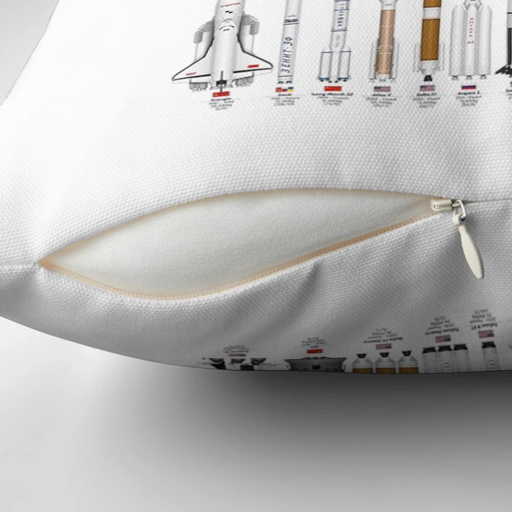 Pillow with a design featuring various rockets from around the world, including SpaceX and NASA rockets, for space exploration enthusiasts.