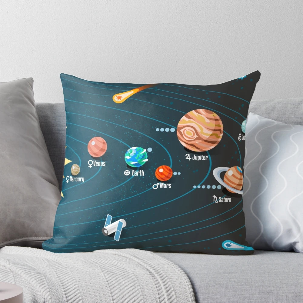 A decorative pillow featuring an artistic depiction of the planets in the solar system