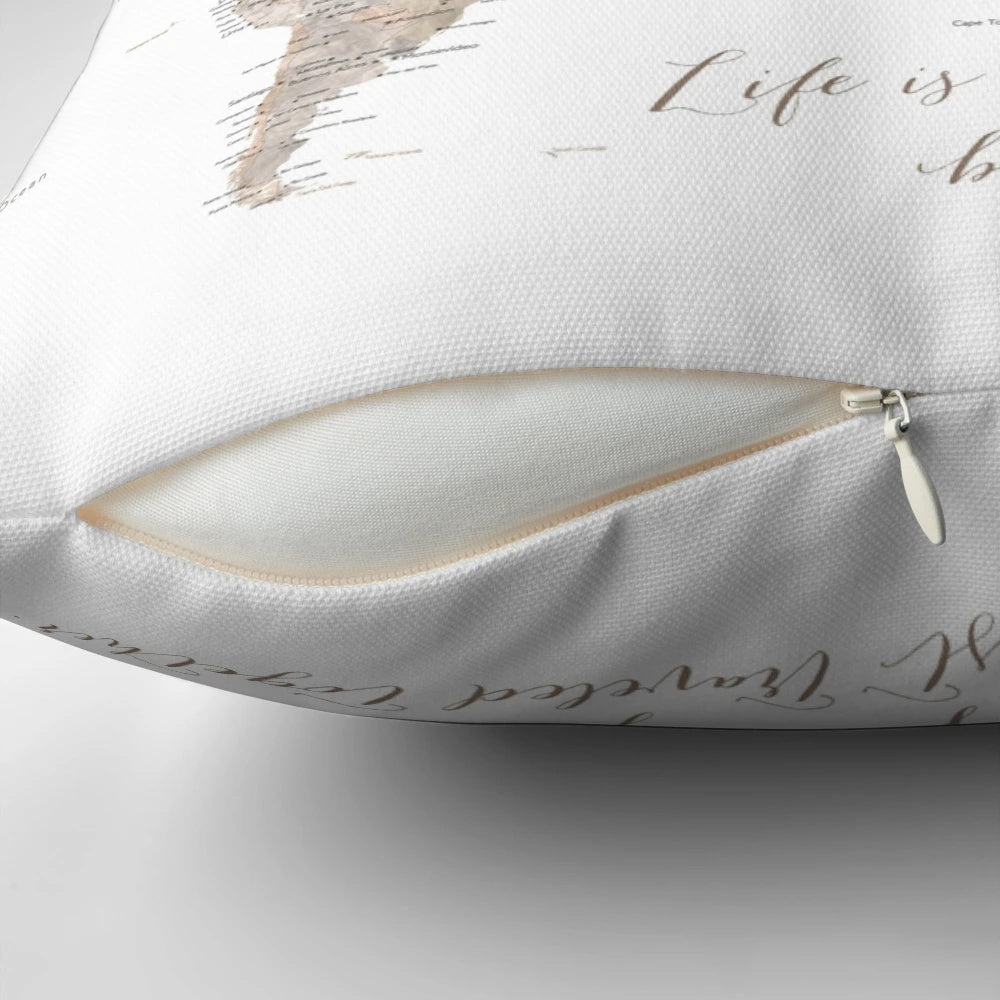 Neutral-colored "Abey" pillow featuring a detailed watercolor world map design, perfect for couples and home decor.