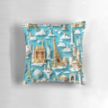 3D pattern pillow featuring iconic world monuments like the Eiffel Tower and Statue of Liberty, perfect for travel and sightseeing enthusiasts.