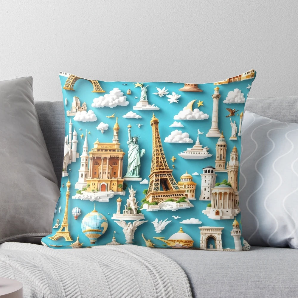 3D pattern pillow featuring iconic world monuments like the Eiffel Tower and Statue of Liberty, perfect for travel and sightseeing enthusiasts.
