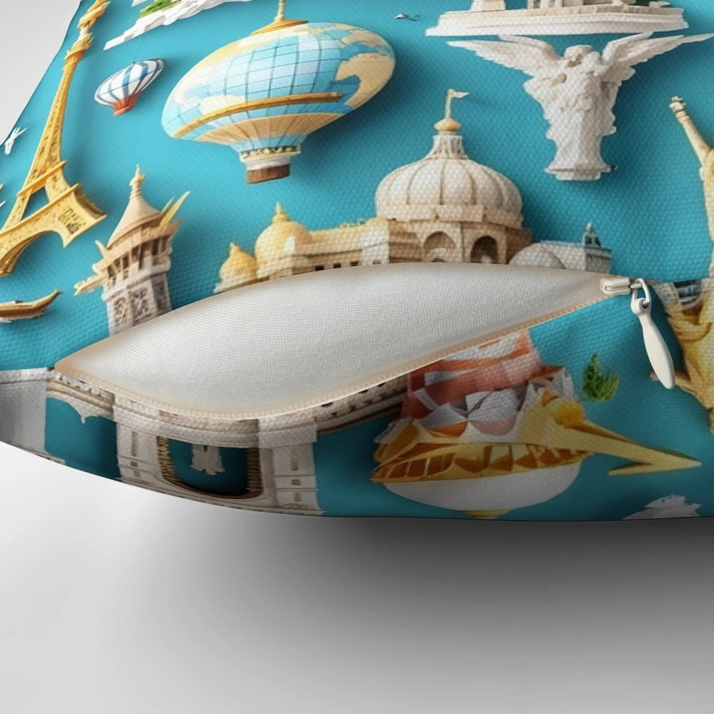 3D pattern pillow featuring iconic world monuments like the Eiffel Tower and Statue of Liberty, perfect for travel and sightseeing enthusiasts.