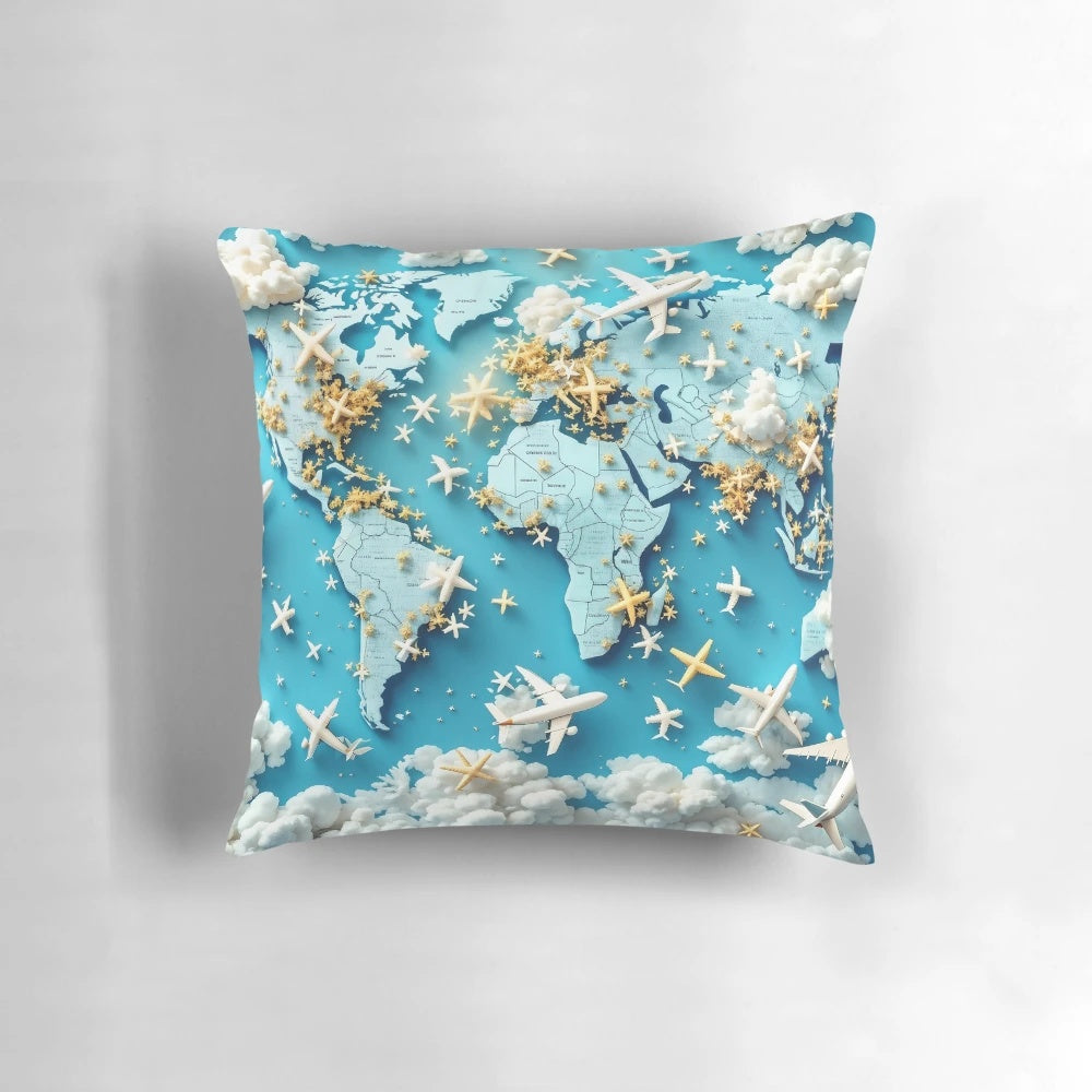 Abstract 3D pattern pillow featuring airplanes and travel destinations on a world map, perfect for global travel and exploration-themed designs.