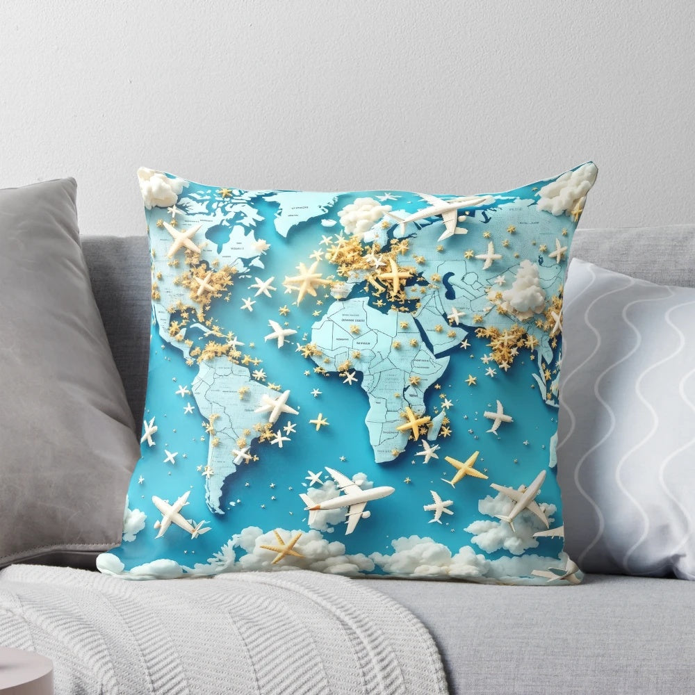 Abstract 3D pattern pillow featuring airplanes and travel destinations on a world map, perfect for global travel and exploration-themed designs.