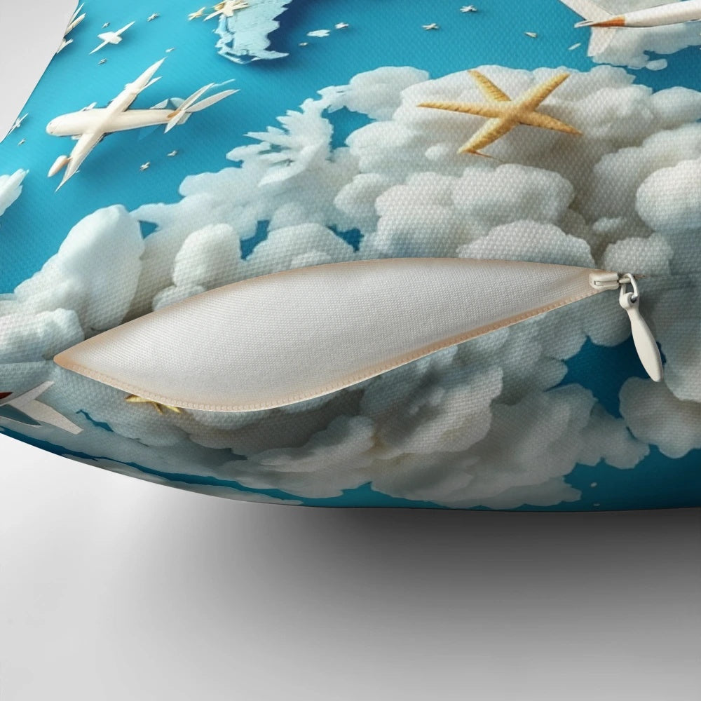 Abstract 3D pattern pillow featuring airplanes and travel destinations on a world map, perfect for global travel and exploration-themed designs.