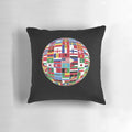 Colorful decorative globe pillow featuring flags of all countries in the world