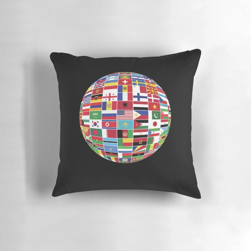 Colorful decorative globe pillow featuring flags of all countries in the world