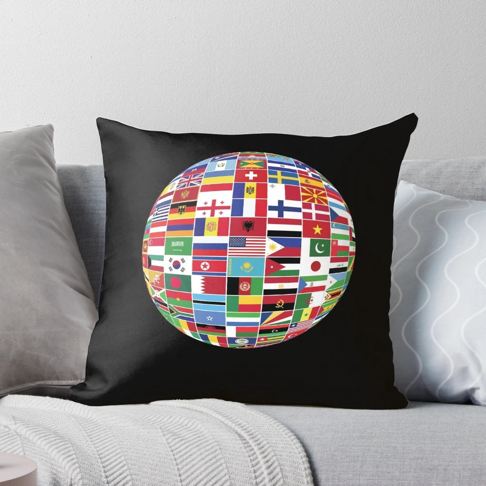 Colorful decorative globe pillow featuring flags of all countries in the world