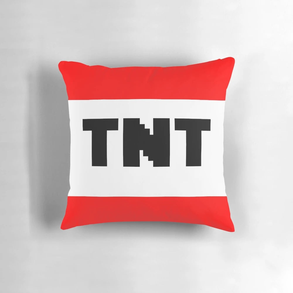 A red and black TNT-themed pillow inspired by the popular video game Minecraft