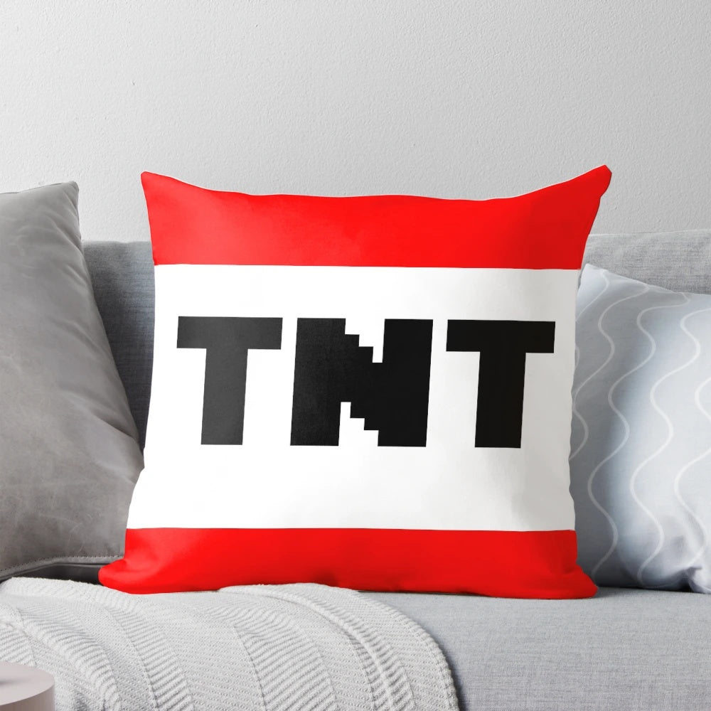 A red and black TNT-themed pillow inspired by the popular video game Minecraft