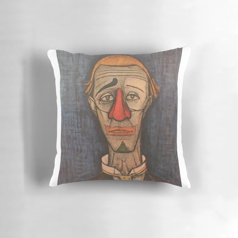 Detailed expressionist painting of a somber, moody clown by renowned French artist Bernard Buffet