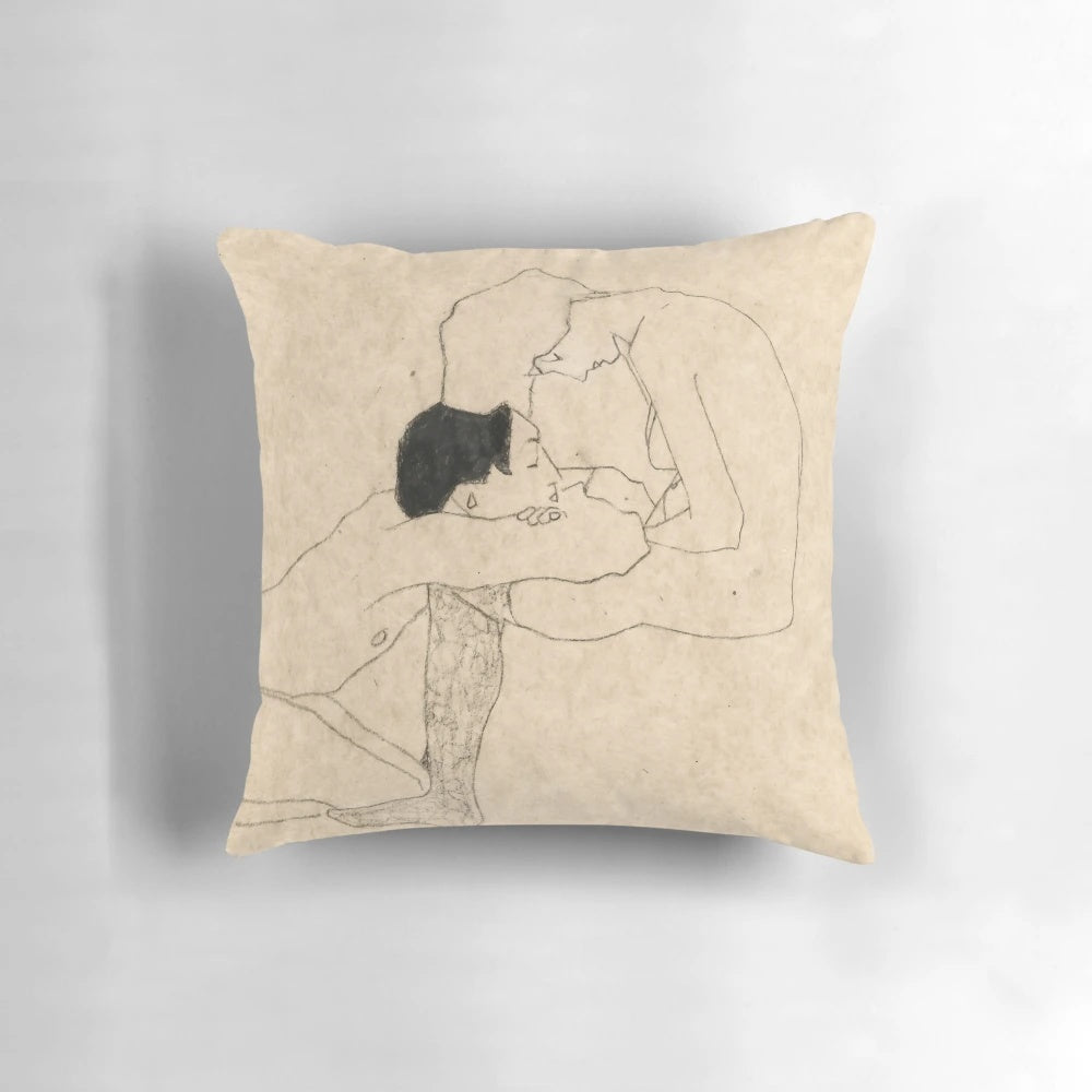 Egon Schiele's famous "Lovers" painting featured on a cozy, high-quality pillow for Valentine's Day and home decor.